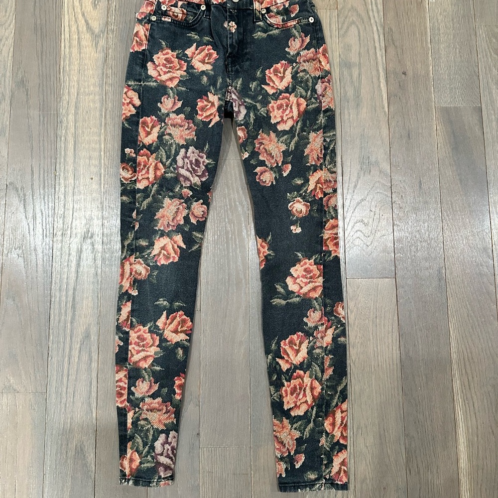 7 For All Mankind Black Skinny Jeans with Pink & Green Rose Print